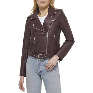 Women's The Classic Faux Leather Moto Jacket Font Zipper Long Sleeve Burgundy